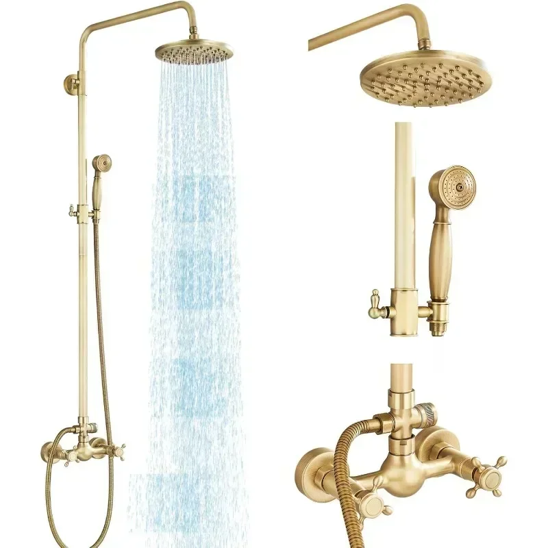 Antique Brass Shower System Bathroom Shower Faucet Set with 8 Inch Rainfall Shower Head Handheld Spray 2 Cross Handles Wall