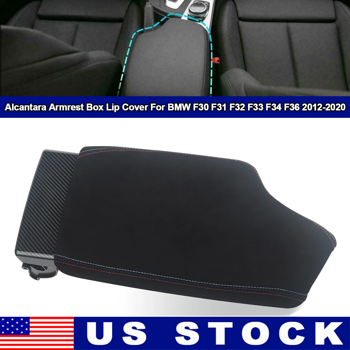 MAGICKIT Car Armrest Box Lid Suede Center Console Armrest Cover For BMW M3 51162405917 Retractable Center Console Box Cover