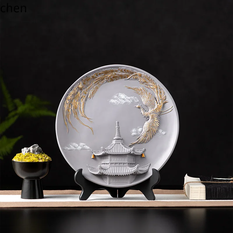 YFY Forbidden City Style Dragon and Phoenix Decorative Plate Office Living Room Wine Cabinet Curio Shelf Ornament Vintage Crafts