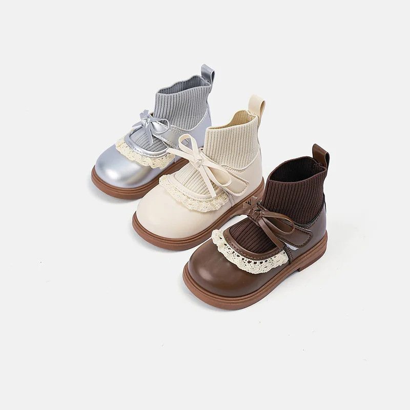 Girls French Sock‑style Ankle Boots Knit Sock Cuff PU Upper Lace Bow Decor Back‑Zipper Soft Non‑Slip Sole Sweet Kids Short Boots