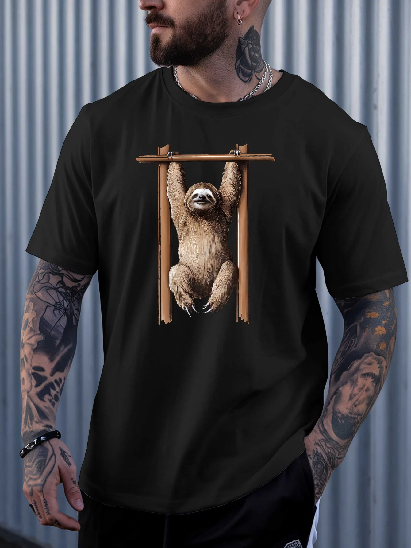 Mens Crew Neck Cotton T Shirt Hanging Sloth Wooden Frame Print Short Sleeve Lovely Animal Casual Street Fashion Daily Top