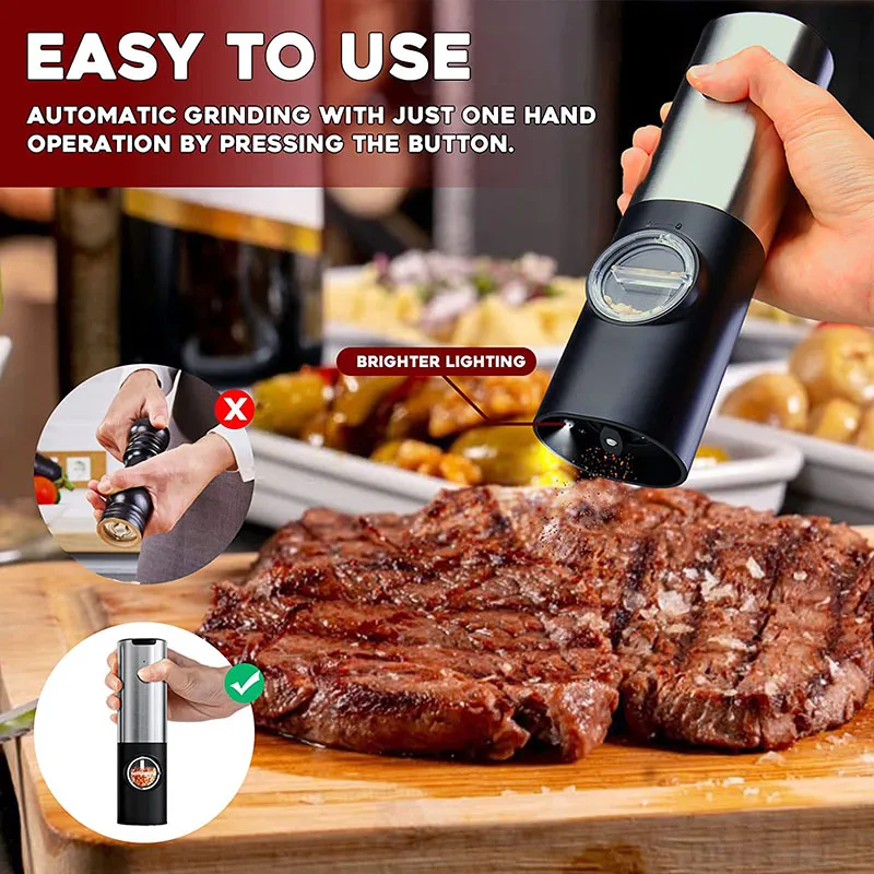 Electric Salt Grinder Set USB Rechargeable Electric Pepper Mill With LED Light Adjustable Coarseness Kitchen Tools