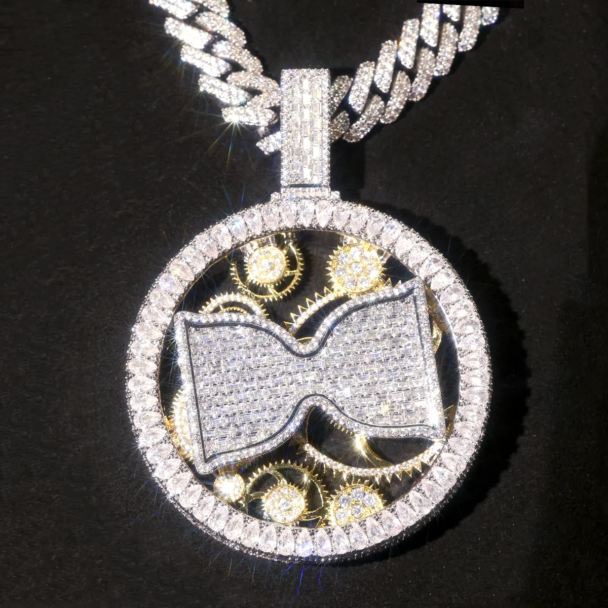 

Iced Out Hip Hop Pendant, Cuban Chain, Rotating Gear Hourglass Design, Club Accessory, Hip Hop Jewelry, With Certificate