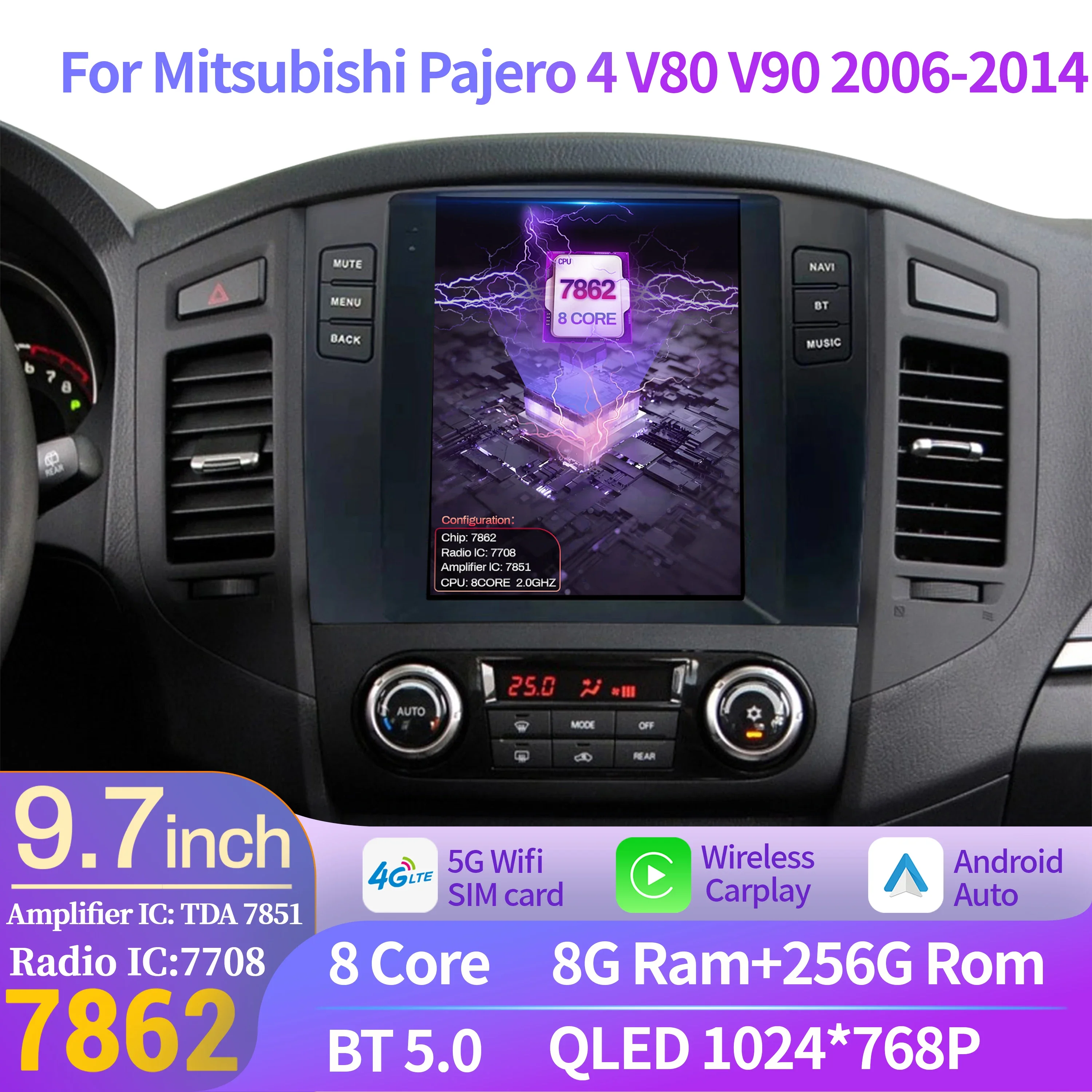 9.7″ For Mitsubishi Pajero 4 V80 V90 2006-2014 Car Radio Navigation For Car Multimedia Player Navigation Android 14 QLED Screen