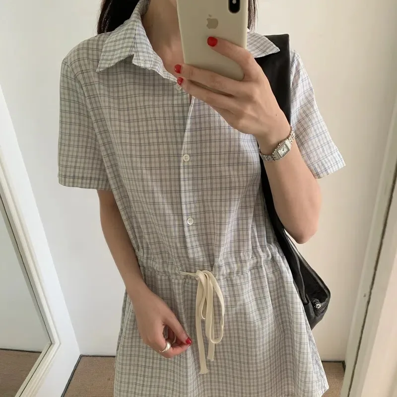 Preppy Style Short Plaid Shirt Dress Women Summer Drawstring Waistline Mini Dresses Girls Sundress Female Woman Clothes 2025