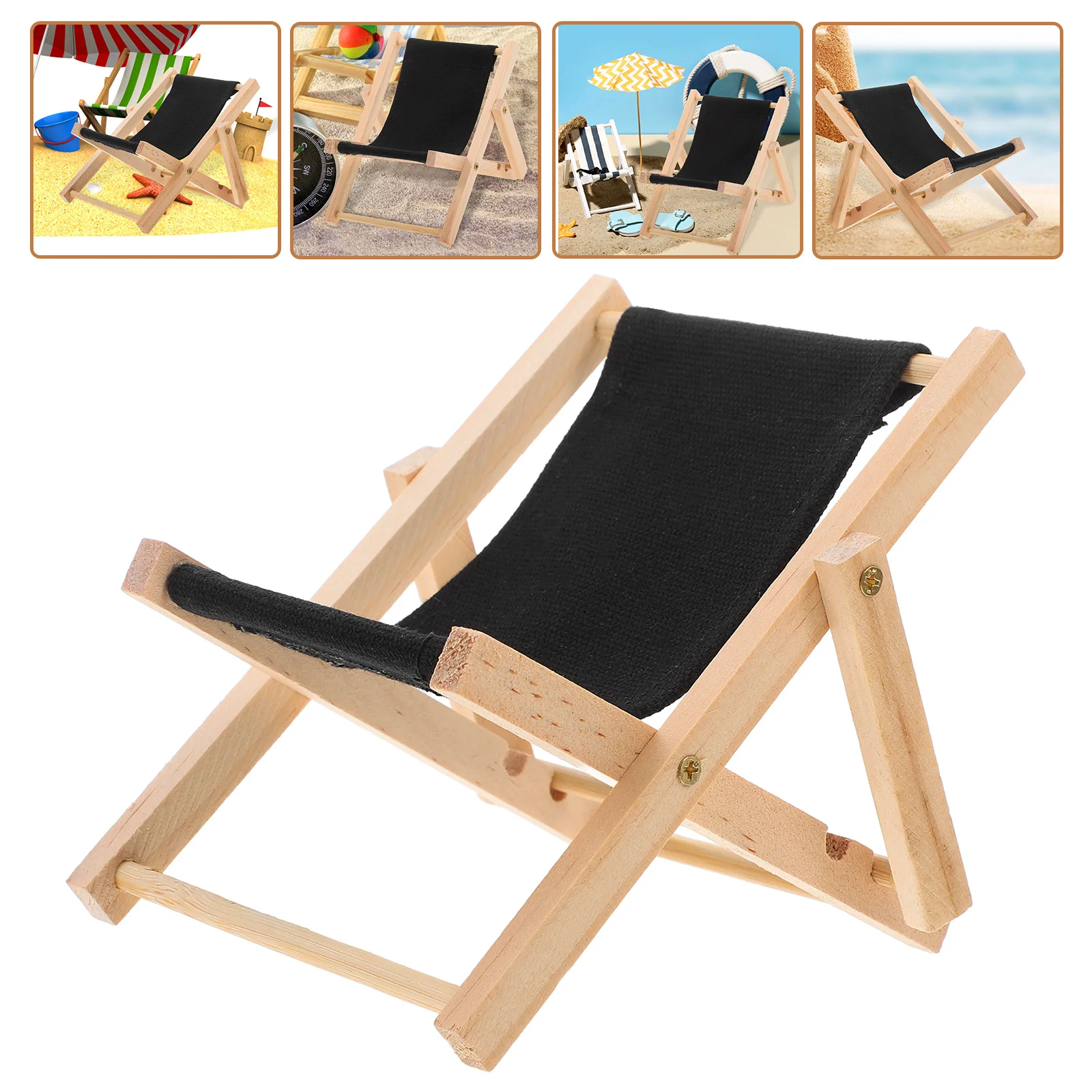 Mini sillas de playa, muebles en miniatura de madera negra, accesorios decorativos plegables para el hogar, juguetes de simulación, micropaisaje