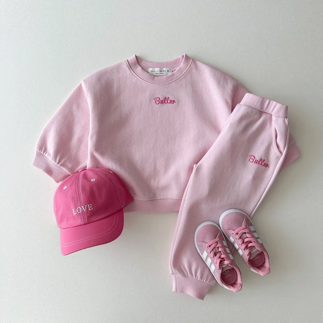 

Spring and Autumn Children's Clothing Solid Color Cotton Knitted Casual Sports Two-piece Set Embroidered Sweater Sweatpants Set