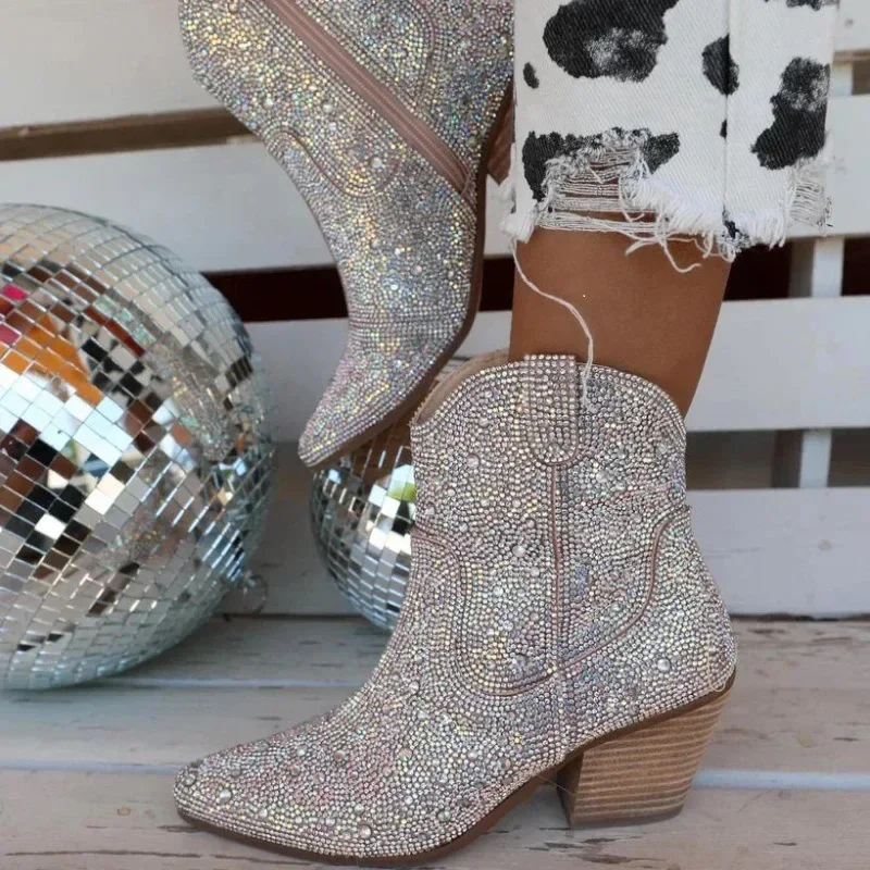 Rhinestone Fashion Women Ankle Boots Glitter Bling Shiny High Heel Botas De Mujer Autumn Elegant Party Evening Shoes 36-41