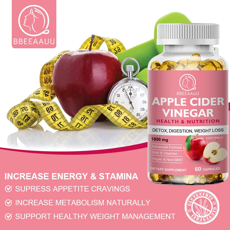 BBEEAAUU Malic Acid Apple Cider Vinegar Capsules Weight Management Detox Relieve Bloating&Constipation Weight Loss Slimming Tool