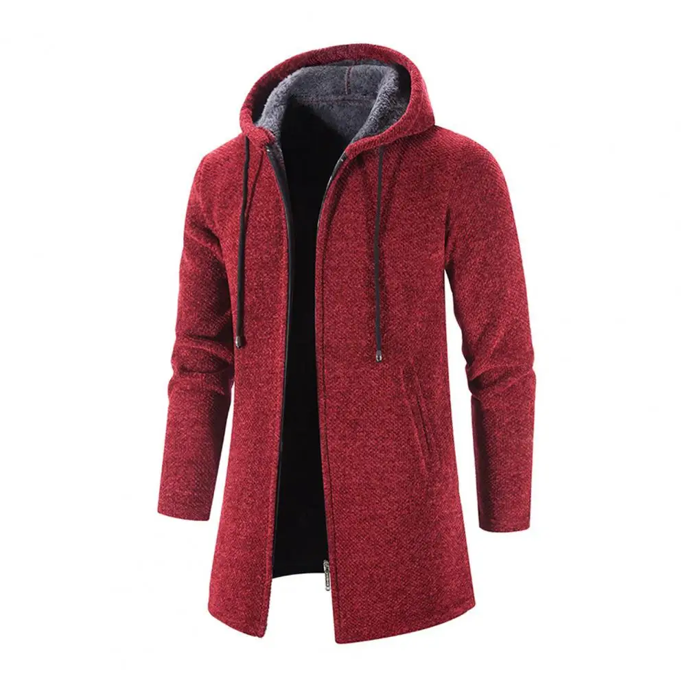 Abrigo de punto para hombre, chaqueta de Color sólido de manga larga con cordón y capucha, chaqueta de invierno cálida de longitud media con solapa y cremallera