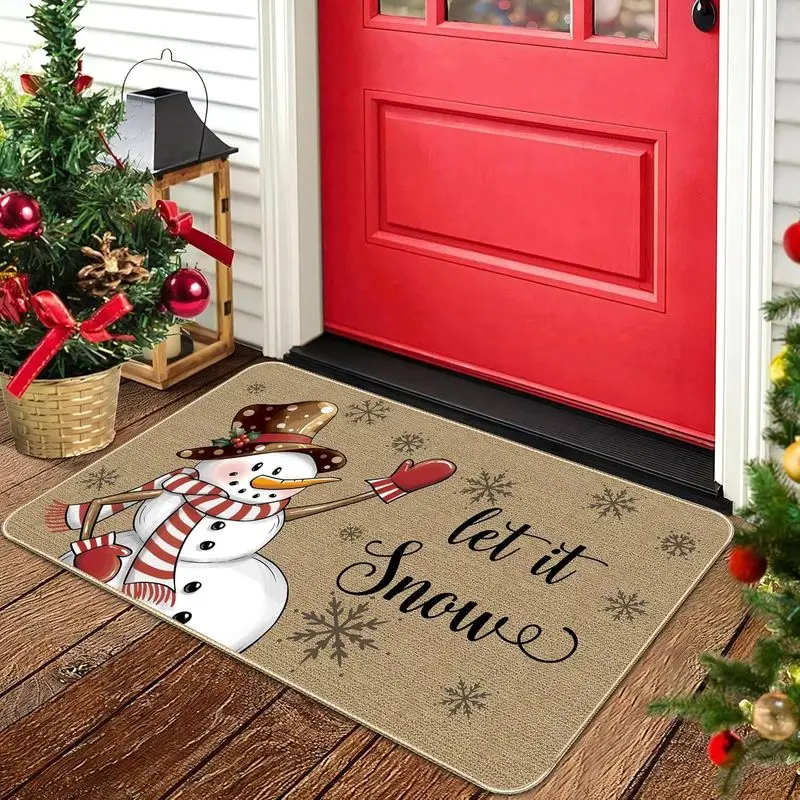 VIKAMA Vintage Snowman Christmas Door Mat Rustic Let It Snow Print Anti Slip Rug For Entryway Indoor Outdoor Xmas Decor