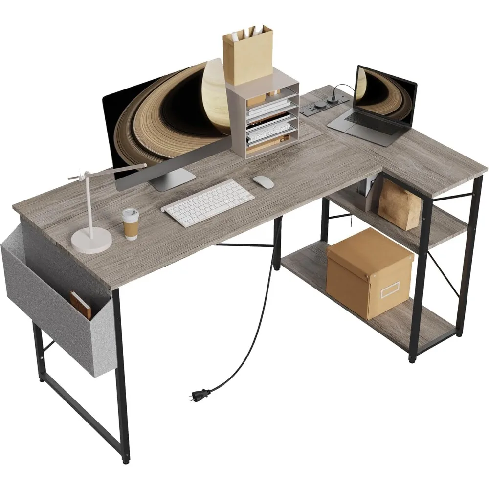 L-Shaped 55 Inch Corner Computer Desk with Power Outlets, Reversible Shelves for Small Spaces, Gaming and Office Use Desk