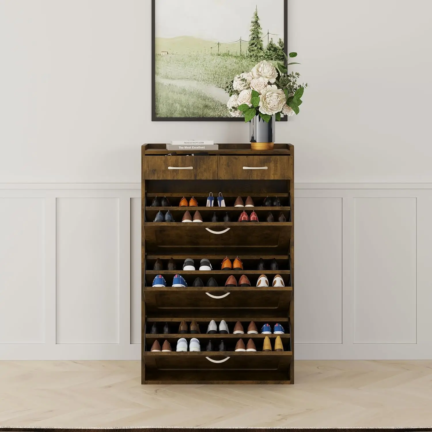 31.49 Inch White Solid Wood Shoe Cabinet, 3-Drawer Flip-Flop Shoe Cabinet, Simple And Generous Style, Exquisite Workmanship,