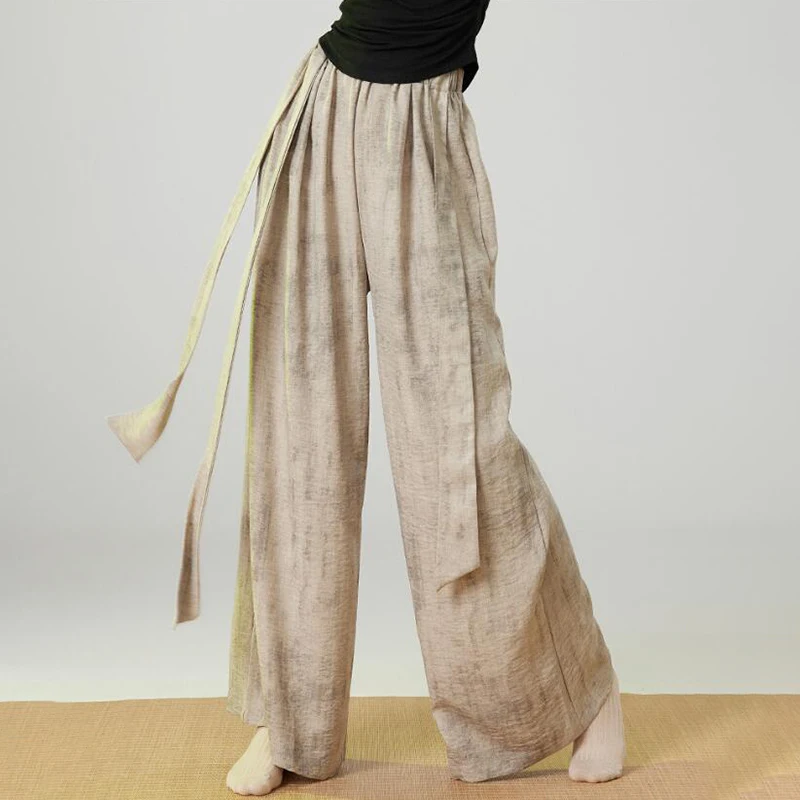 Women Classical Dance Pants Elegant Flowy Ribbon Modern Dance Practice Pant Casual Loose Wide Leg Lace-Up Tie-Dye Culottes Pants