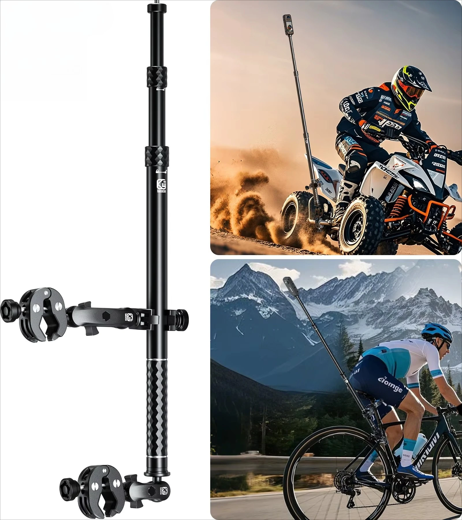 

Motorcycle Action Camera Extension Pole Mount Adjustable 16.7-43.3inch 360° Rotating Bike Handlebar Clamp Holder