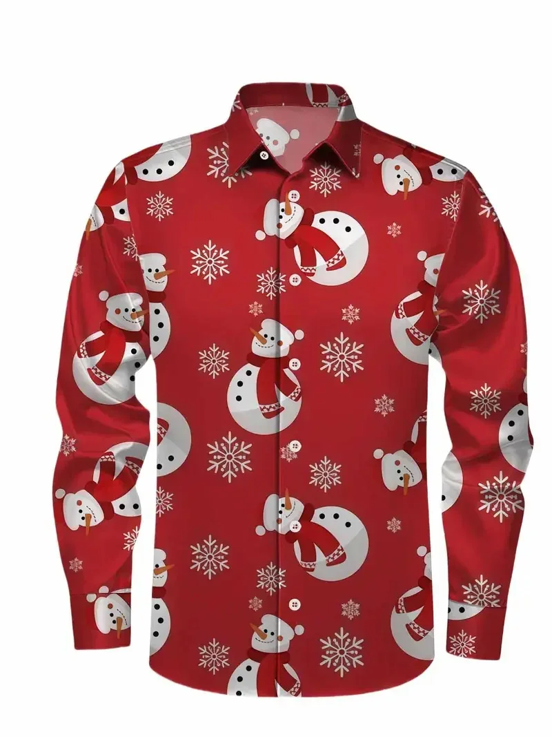 2026 New Men's Festive Holiday Party Long Sleeved Shirt with 3D Christmas Print, Fashionable Elegant Snowman New Year Soft Shirt