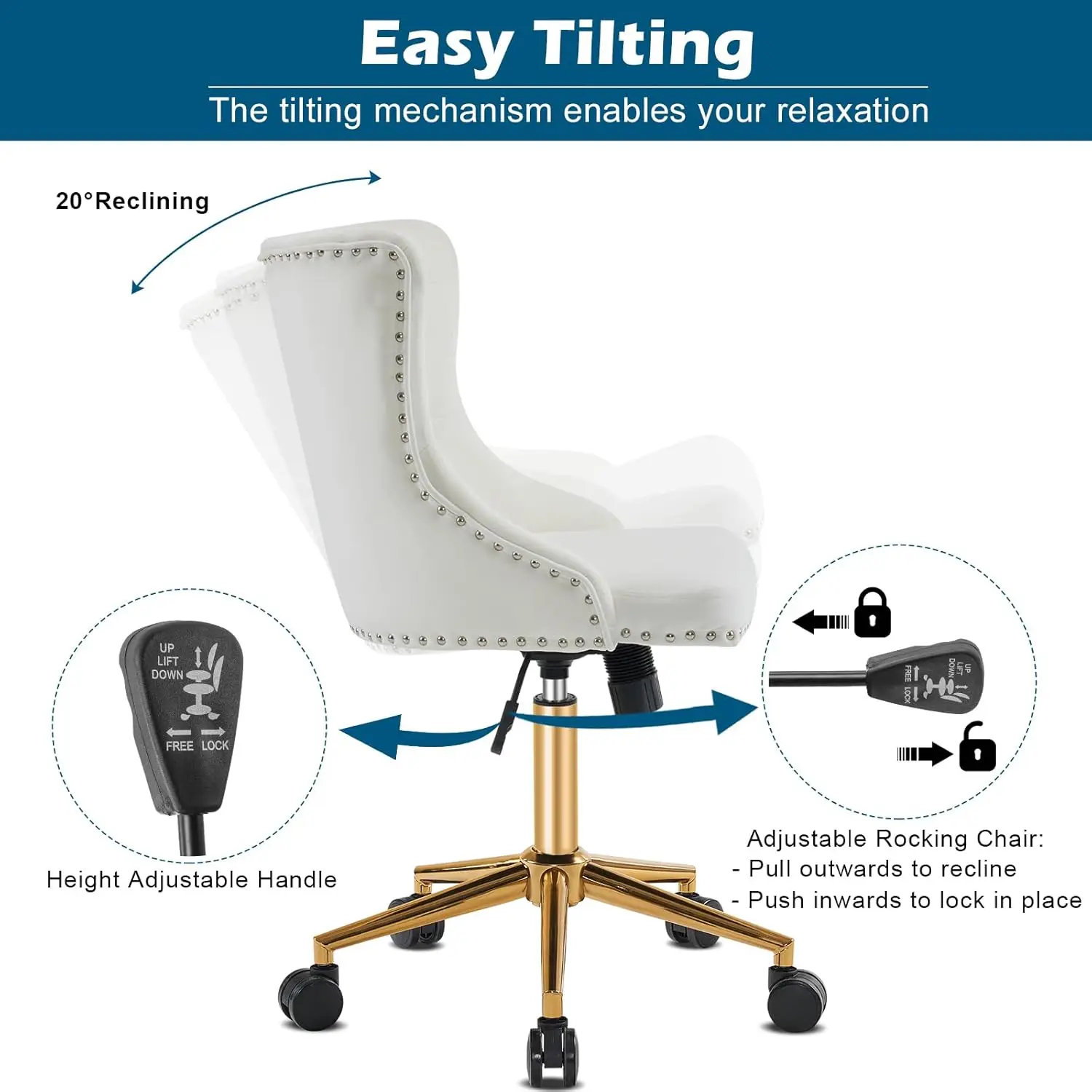Silla de escritorio de oficina sin brazos de terciopelo blanco con base dorada - Silla de maquillaje pequeña para comodidad en el dormitorio