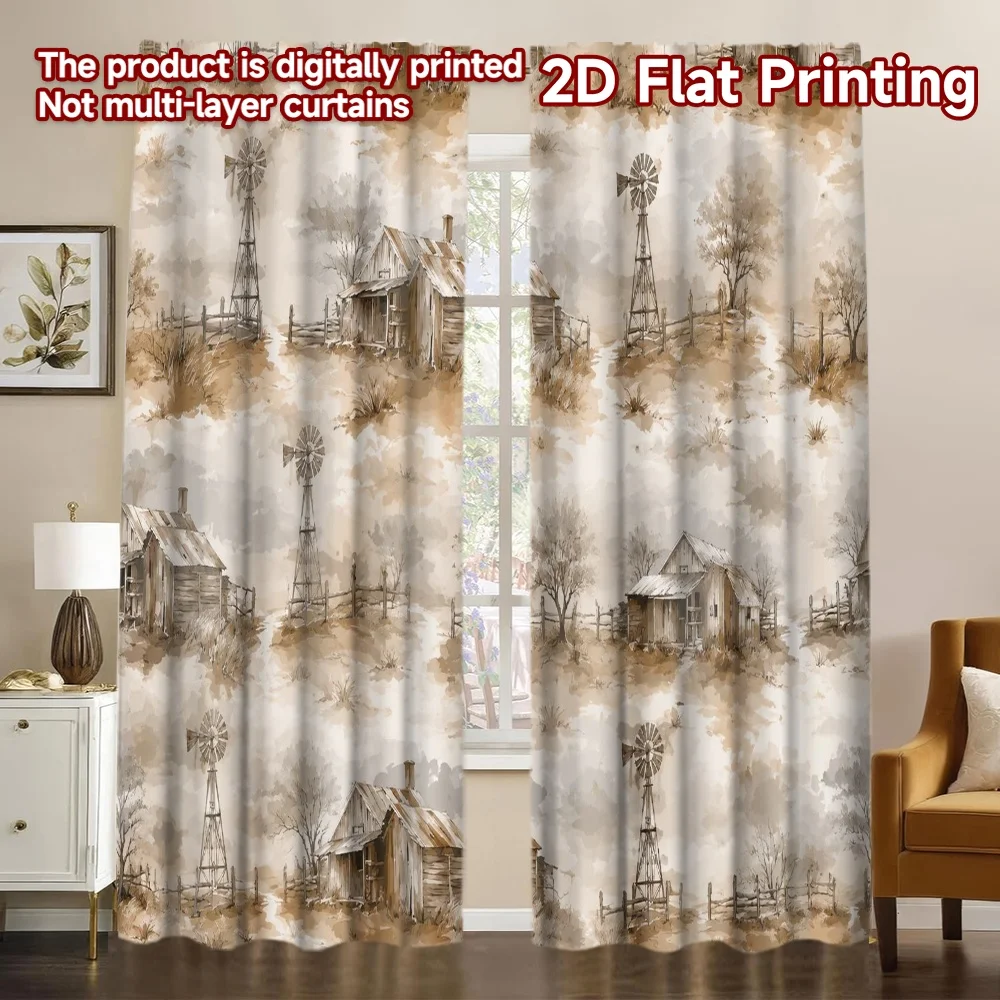 2D FLAT PRINTING 2pcs Curtains (Without Rod) Rustic Farmhouse Landscape Popular Curtain Fabric Durable 100% Polyester Fabric