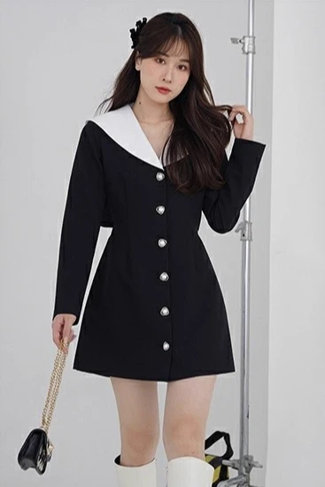 Vestido de gola marinha para mulheres senhora manga longa vestido linha a elegante design de duas camadas fino ajuste bonito roupa formal outono uso diário