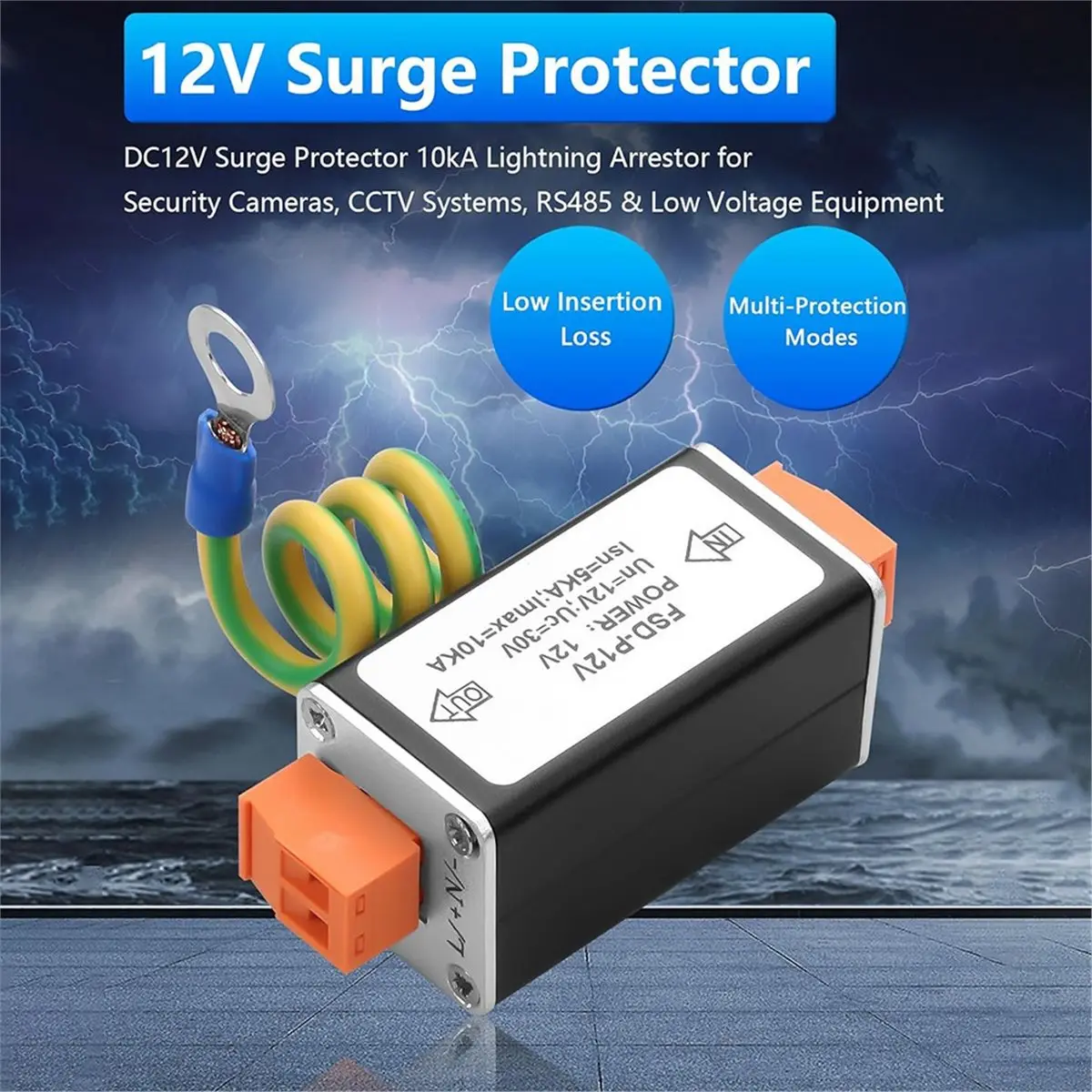 T35C DC12V Surge Protector 10kA Lighting Arrestor for Security Cameras, CCTV Systems, RS485 & Low Voltage Equipment