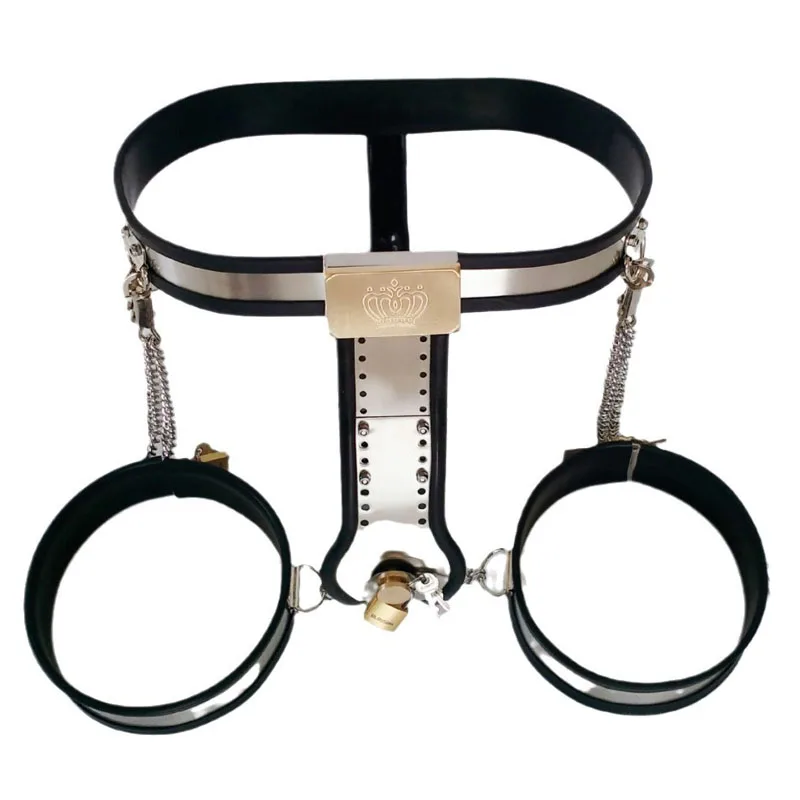 Female Chastity Belt Pants+Thigh Ring Cuffs BDSM Bondage Set Sex Toys For Women Stainless steel metal Chastity Lock Device