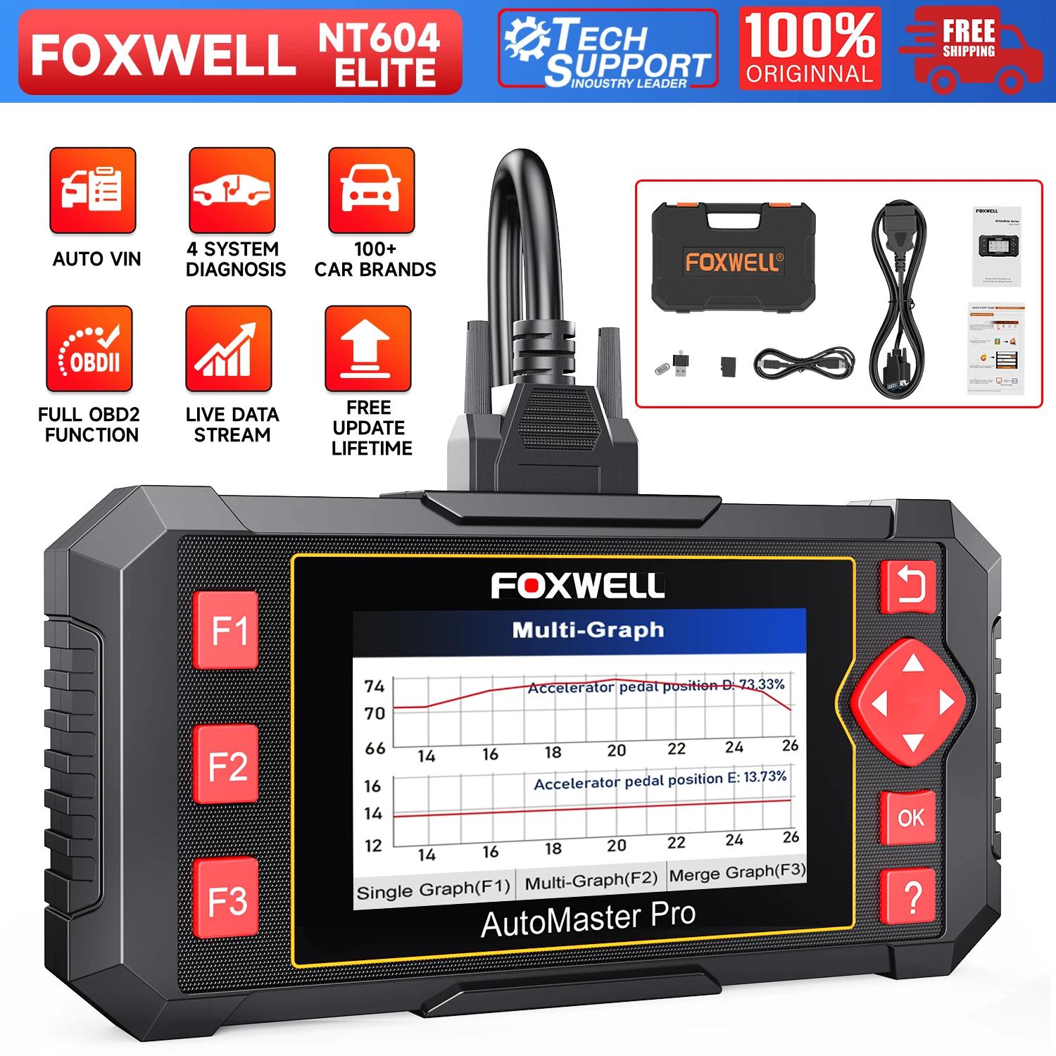 

FOXWELL NT604 Elite OBD2 Scanner Car Diagnostic Tool Engine ABS SRS Transmission Code Reader 4 Systems Auto Fault Detector Free