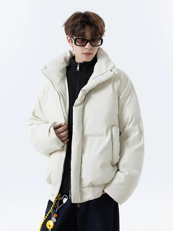 

Men's Winter PU Leather Cotton Jacket Loose Fit Warm down Filling Stand Collar Zipper Closure Casual Style Thickened Coat