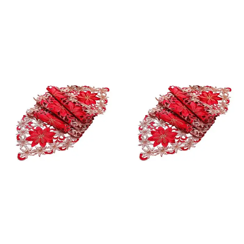【LAST CHANCE】2X Christmas Table Runner, Poinsettia Holly Leaf Embroidered Table Linens For Christmas Decorations 15 X 59 Inch