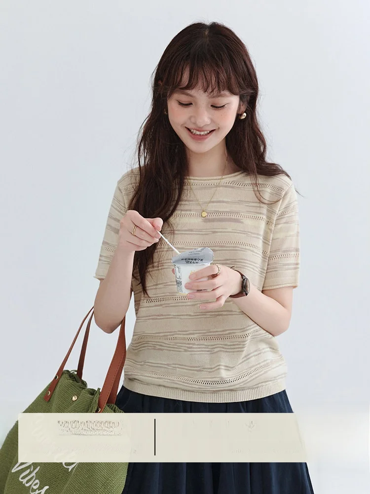 

AMUU Original Color Thread Knitted Short Sleeve round Neck Pullover Summer New Style Women's Loose Fit Knitwear with Cuff