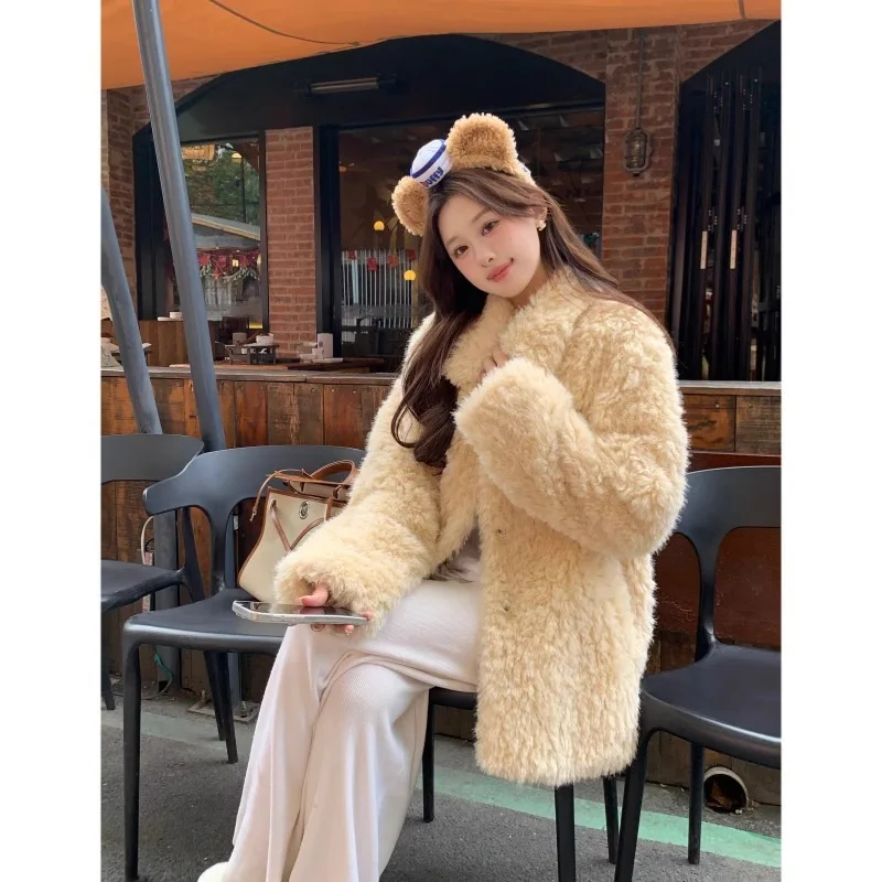 2025 Winter Women Faux Fur Short Coats Thick Warm Turn Down Collar Casual Furry Jackets Cardigan Long Sleeve Streetwear