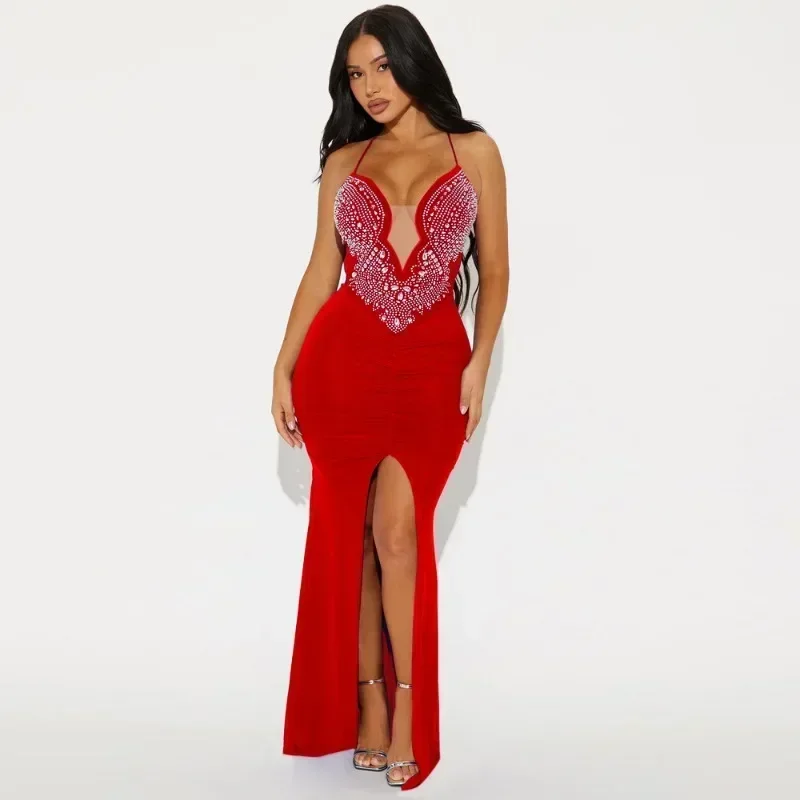 

GUWU Mesh Hot Rhinestones Women Sleeveless Bodycon Floor Length Long Dress Fall Sexy Party Diamonds Evening Prom Dresses