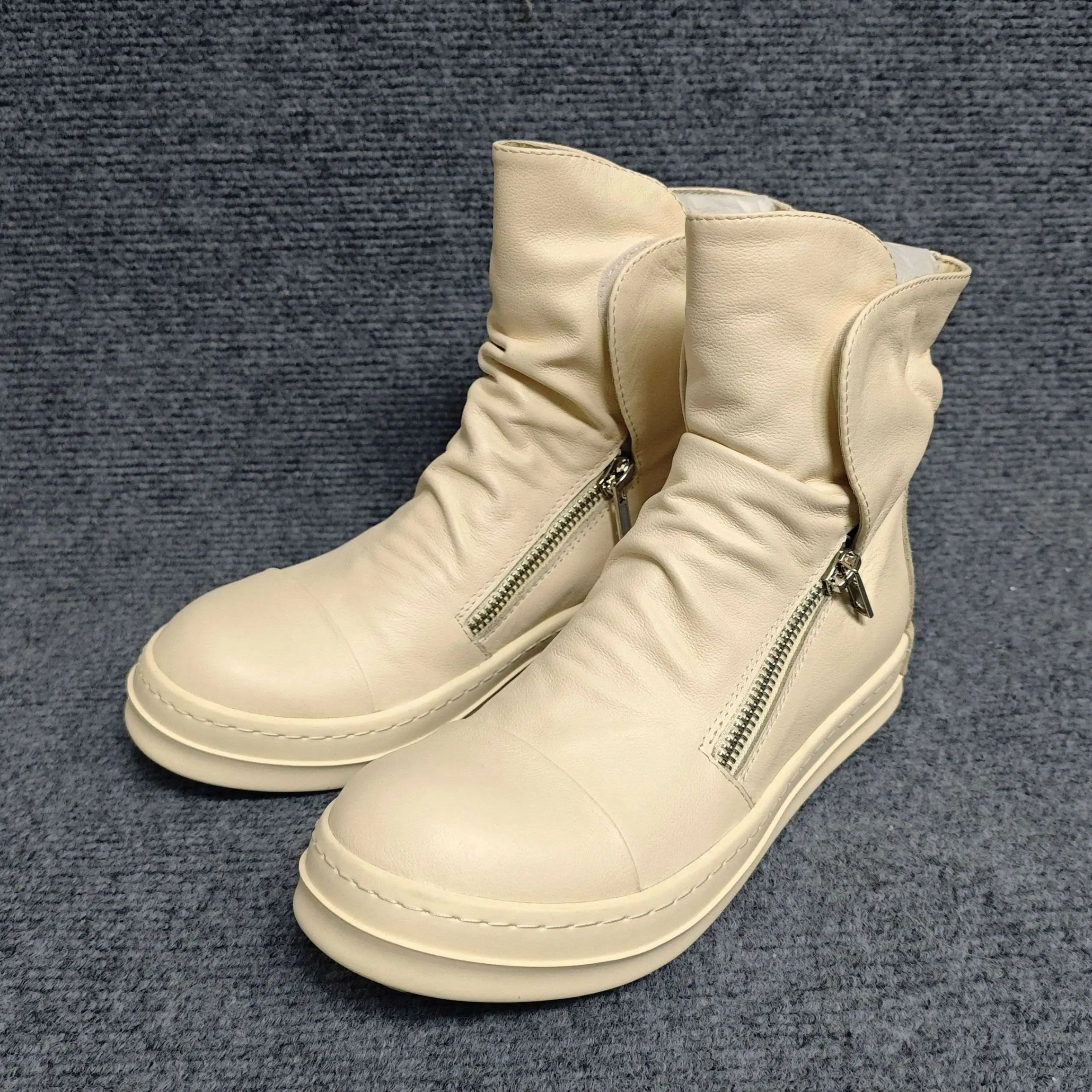 2026 New Arrival Off‑White Genuine Leather Hat Boots, Double Zipper Slouch High Top Thick Sole Height‑Up Couple Dark Style Ankle