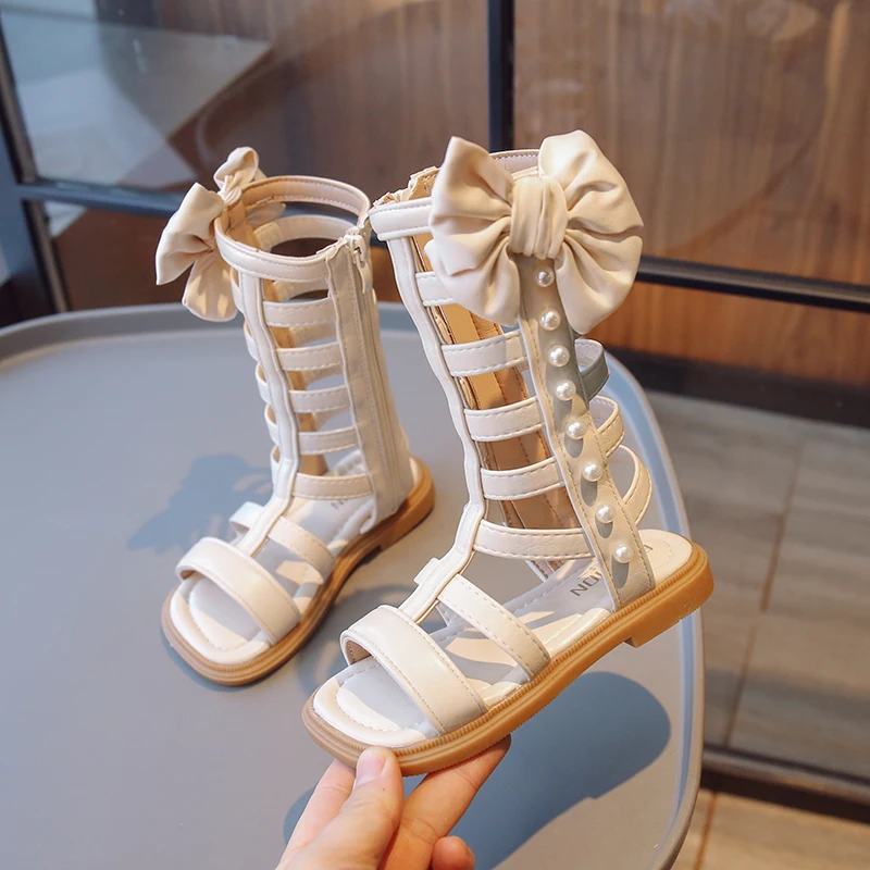 Girls Gladiator Sandals with Bow-knot Kids Fashion Hollow Pearls Princess Shoes Summer Children High-top Sandals Leather Hot