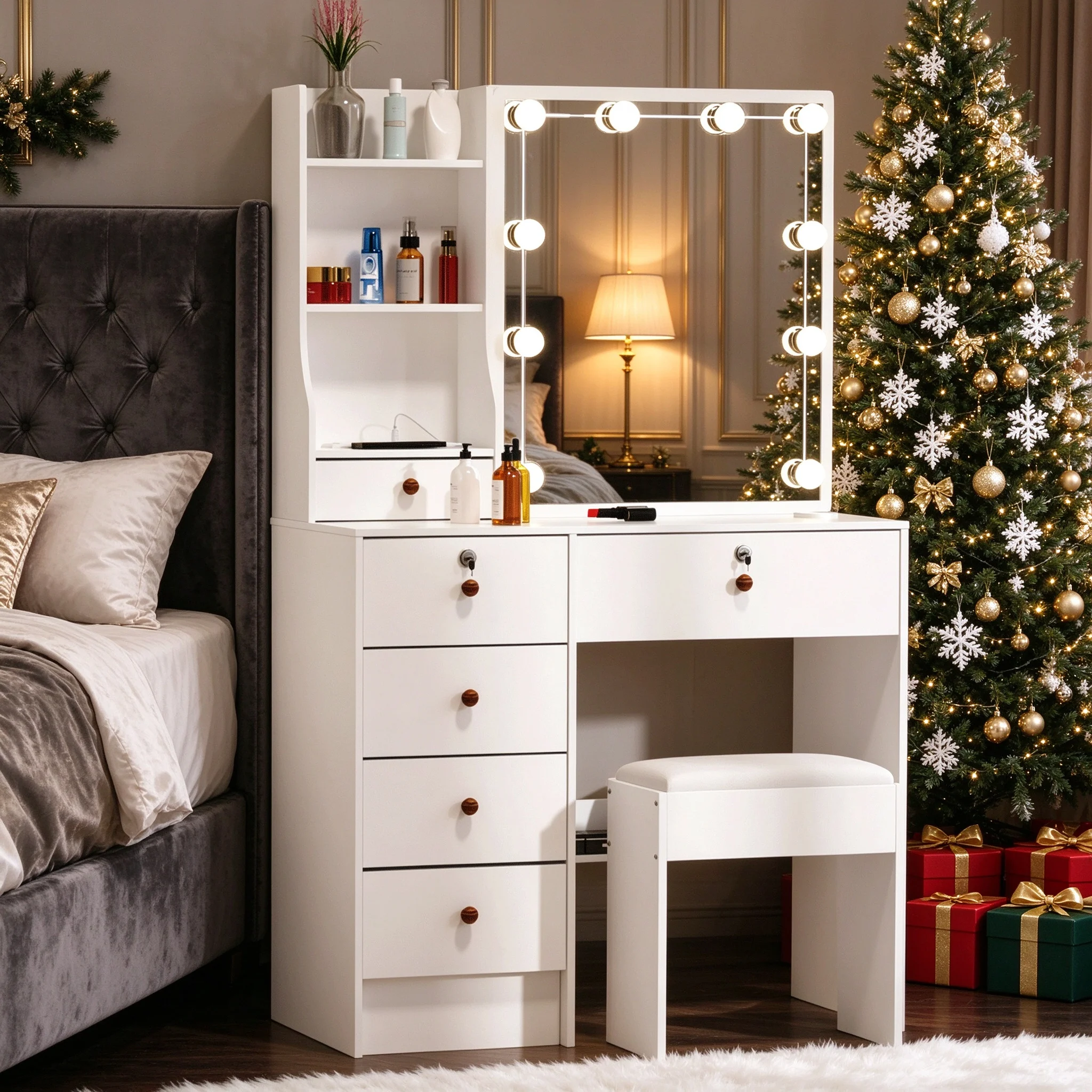 White Vanity Table Set with Hollywood LED Light Mirror, Multi Lockable Drawers & Open Storage Shelves, Dressing Makeup Desk with Padded Stool for Bedroom