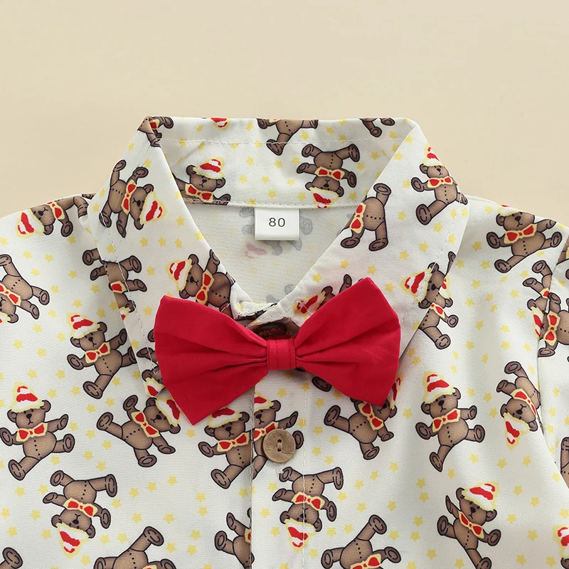 

Toddler Boys Holiday Attire Festive Reindeer Patterned Collared Shirt with Matching Bow Tie and Navy Blue Shorts