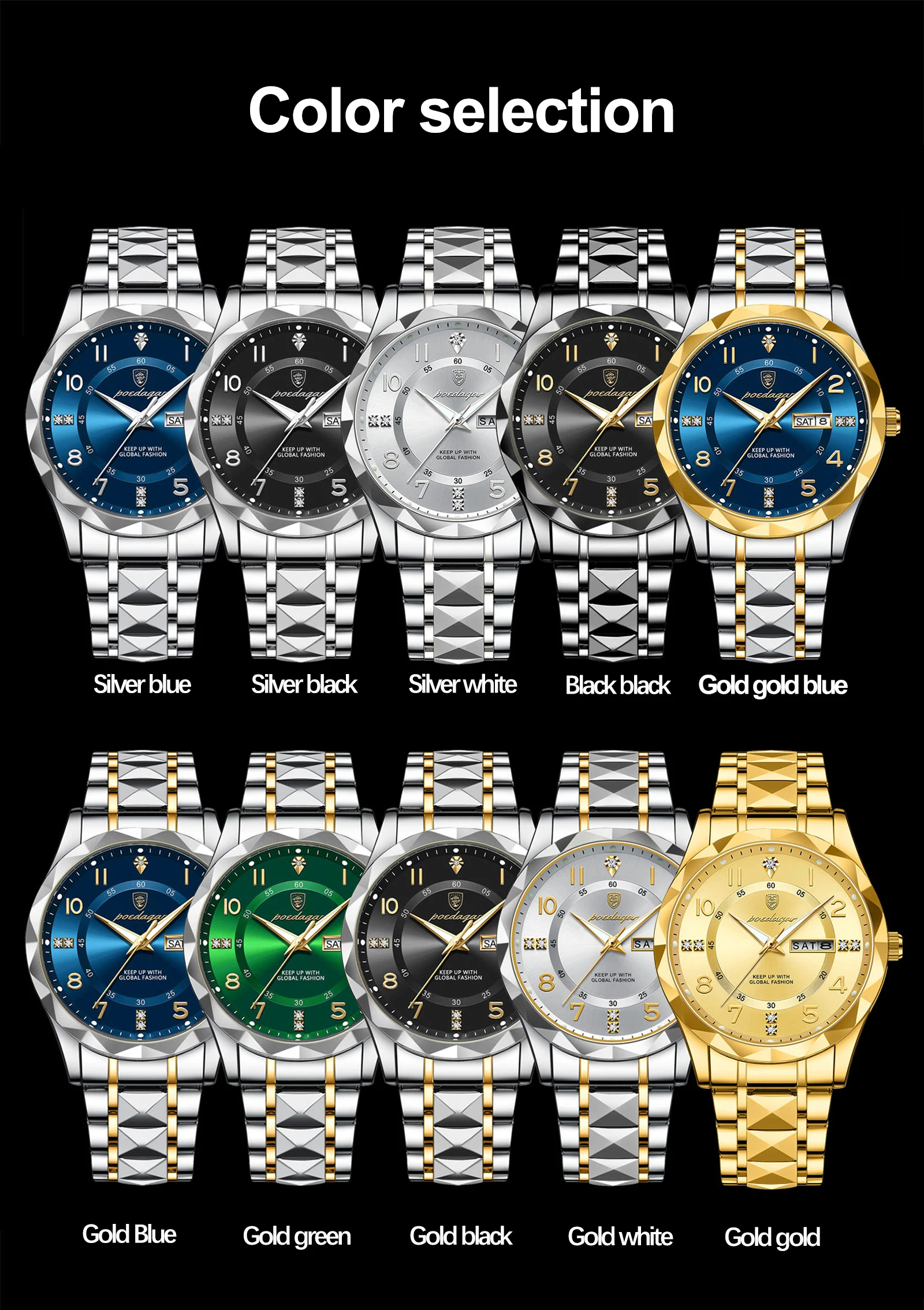POEDAGAR Modische Luxus-Herrenuhr, Wasserdicht, Leuchtend, Quarz-Armbanduhr, Edelstahl, mit Datums- und Wochenanzeige, Casual-Herrenuhr, Reloj – Detail 7