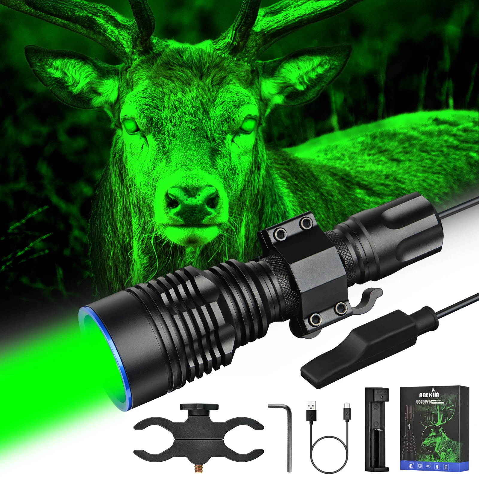 ANEKIM UC20 Pro Green Hunting Light 2200 Lumen 70196 Inch Powerful Rechargeable Predator  IPX-68Waterproof XHP70 LED Flashlight