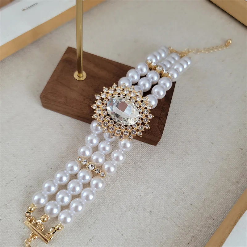 Vintage Jewelry Set Wedding Accessories Crystal White Faux Pearl Choker Necklace and Multi Layered Beaded Bracelet for Women