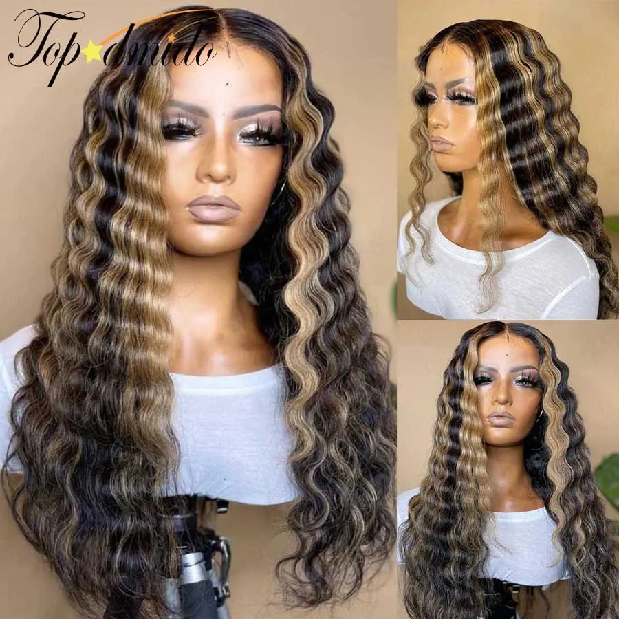 Topodmido 250 Density Hightlight Color 13x4 Lace Front Wigs with Middle Part Deep Wave Brazilian Hair 13x6 Lace Wigs