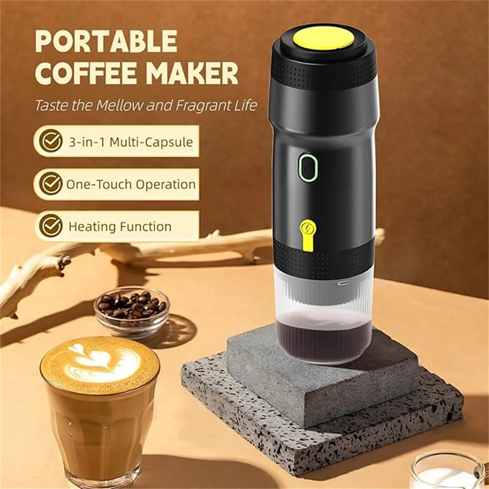 Portable Electric Espresso Cafe Machine, Outdoor Travel Car Coffee Maker Self-Heating with USB-C, Suit Ground Coffee & Capsule