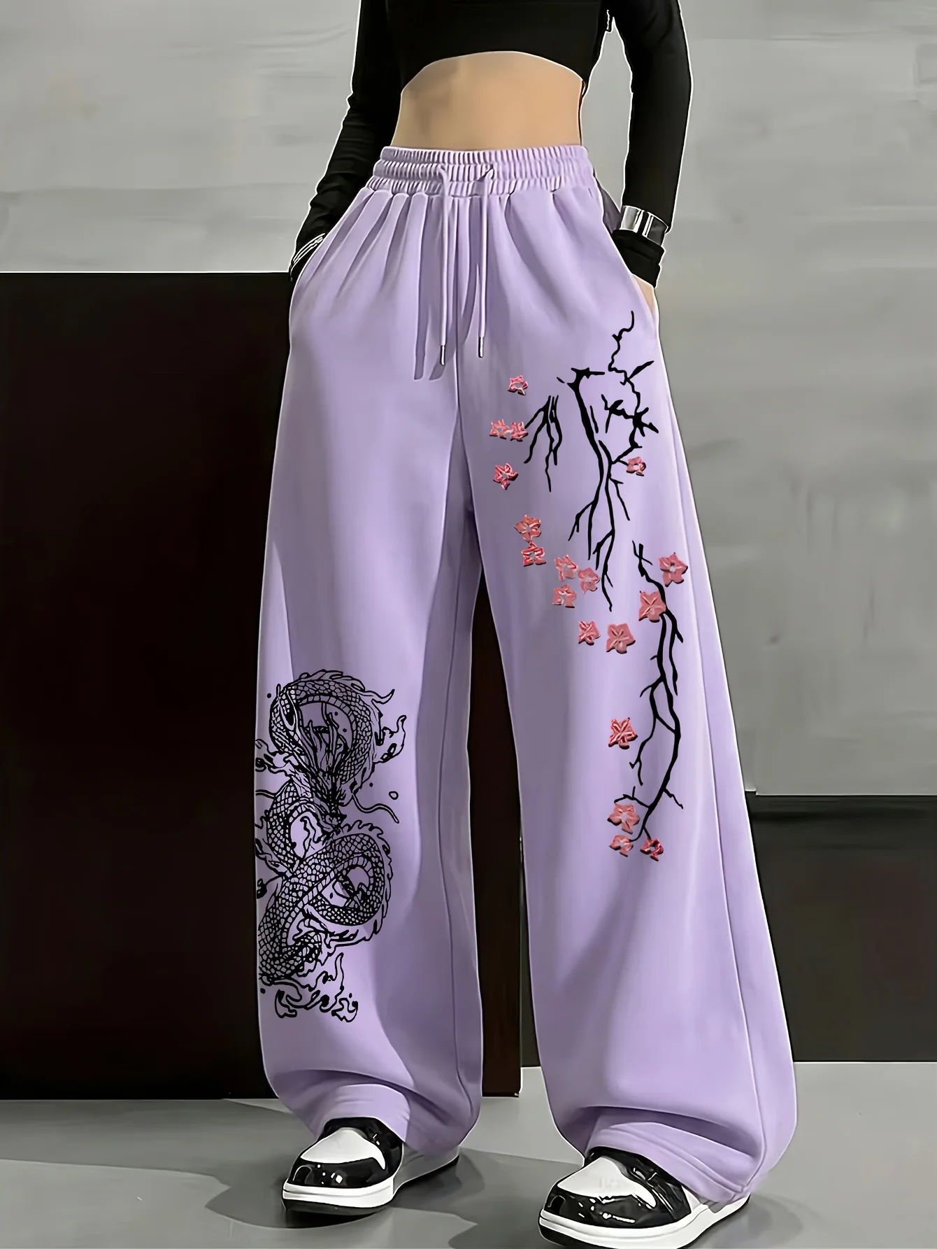 Women Chinese Dragon Cherry Blossom Print Wide Leg Sweatpants Drawstring Loose Streetwear Pants