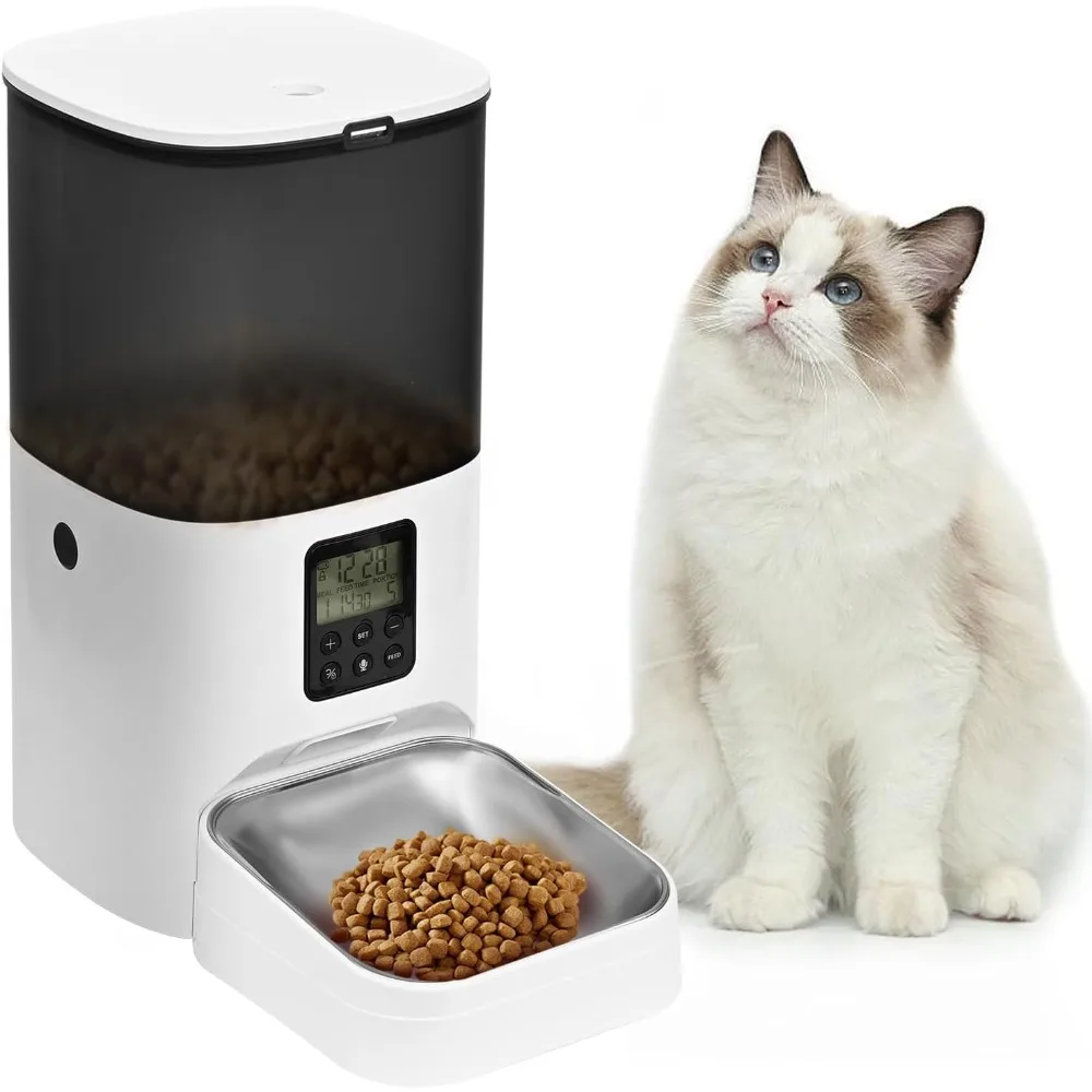 

Automatic Cat Feeder, 6L Cat Food Dispenser with Timer Interactive Voice Recorder, Auto Cat Feeder with Desiccant Bag Dry Food