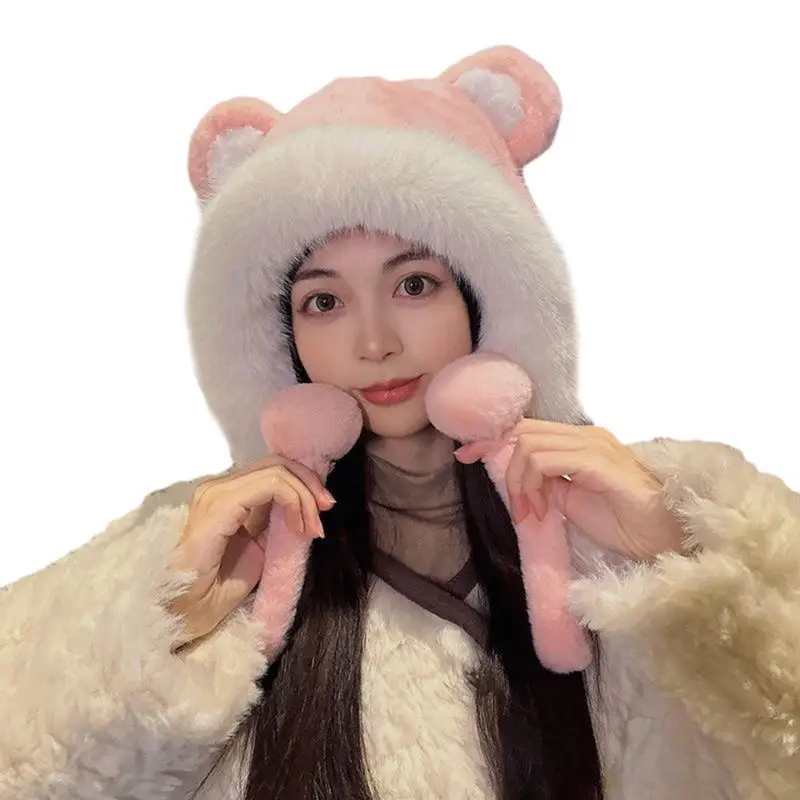 Cute Bear Ears Hat Women Winter Bike Riding Running Hats Lacing Cute Bucket Cap Velvet Ear Protection Fashion Woolen Skiing Caps