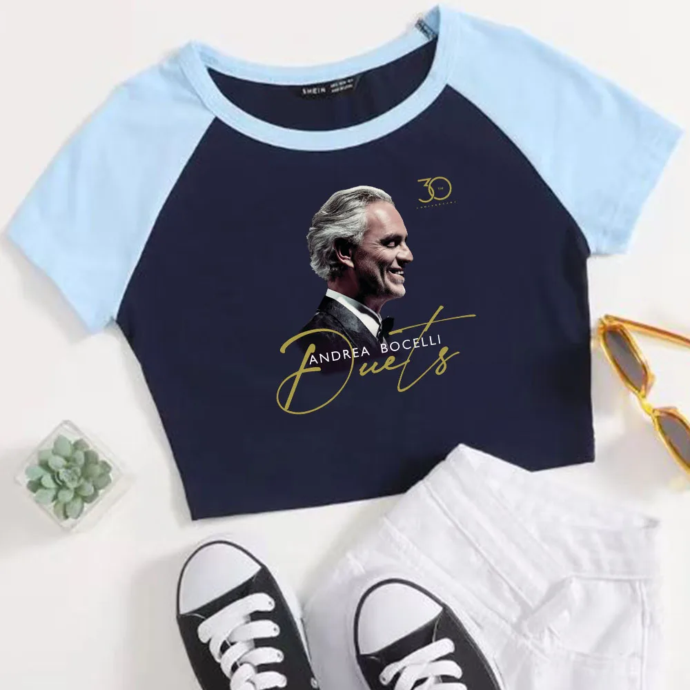 Andrea Bocelli Duets: 30th Anniversary Crop Tops T-Shirt Women Girls Fashion O-Neck Short Sleeves Fans Gift Tops