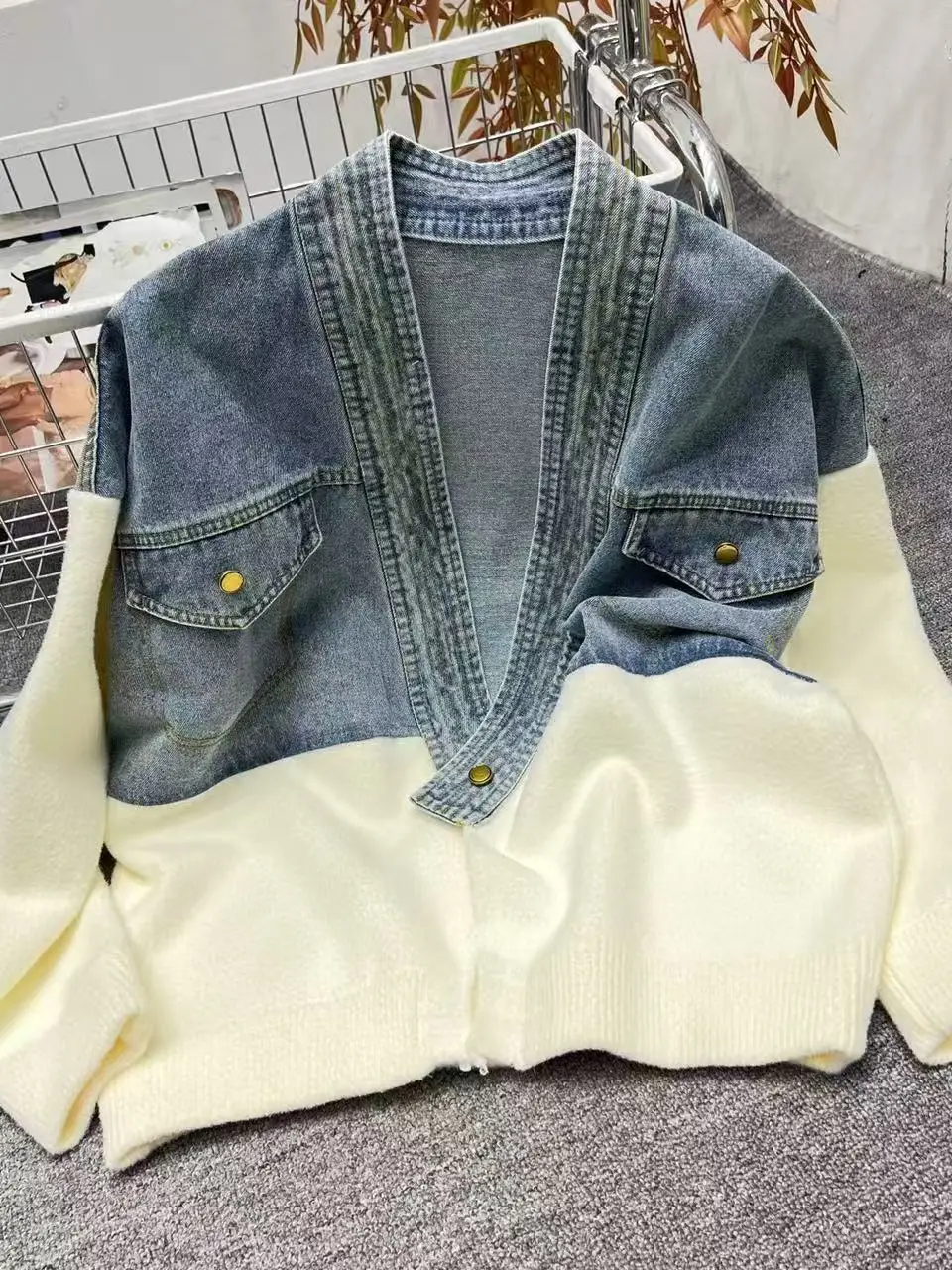 

Korean Design Vintage Denim Patchwork Sweater Jaet Women's Loose Versatile Age-Defng Knitted Open Cardigan Autumn Wear