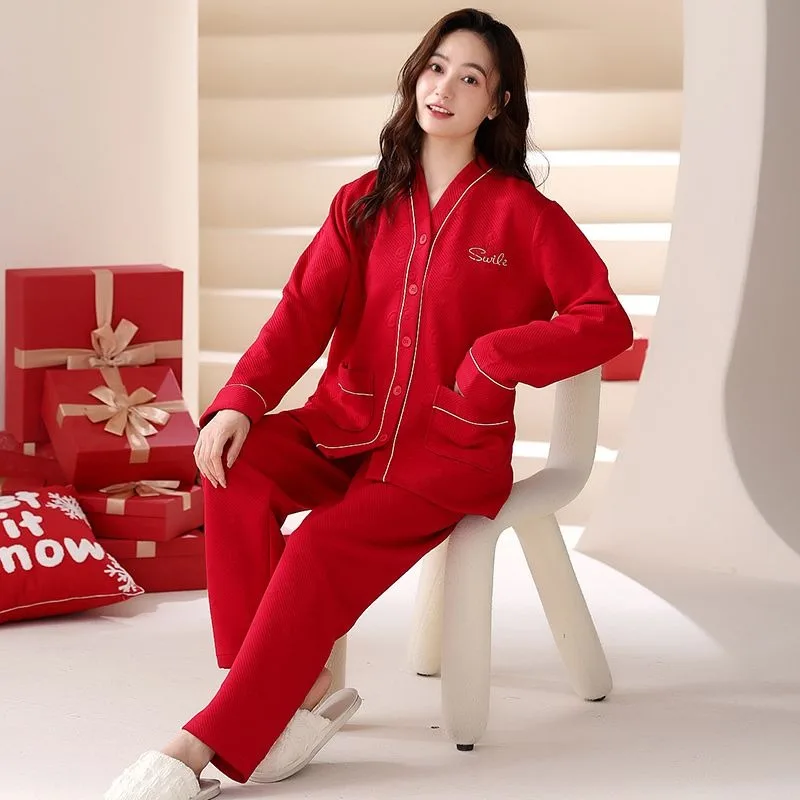 Women Pajamas Autumn Winter Female Cotton Long-Sleeved Casual Large Size Homewear Suit Air Cotton Sandwich Solid Color Sleepwear