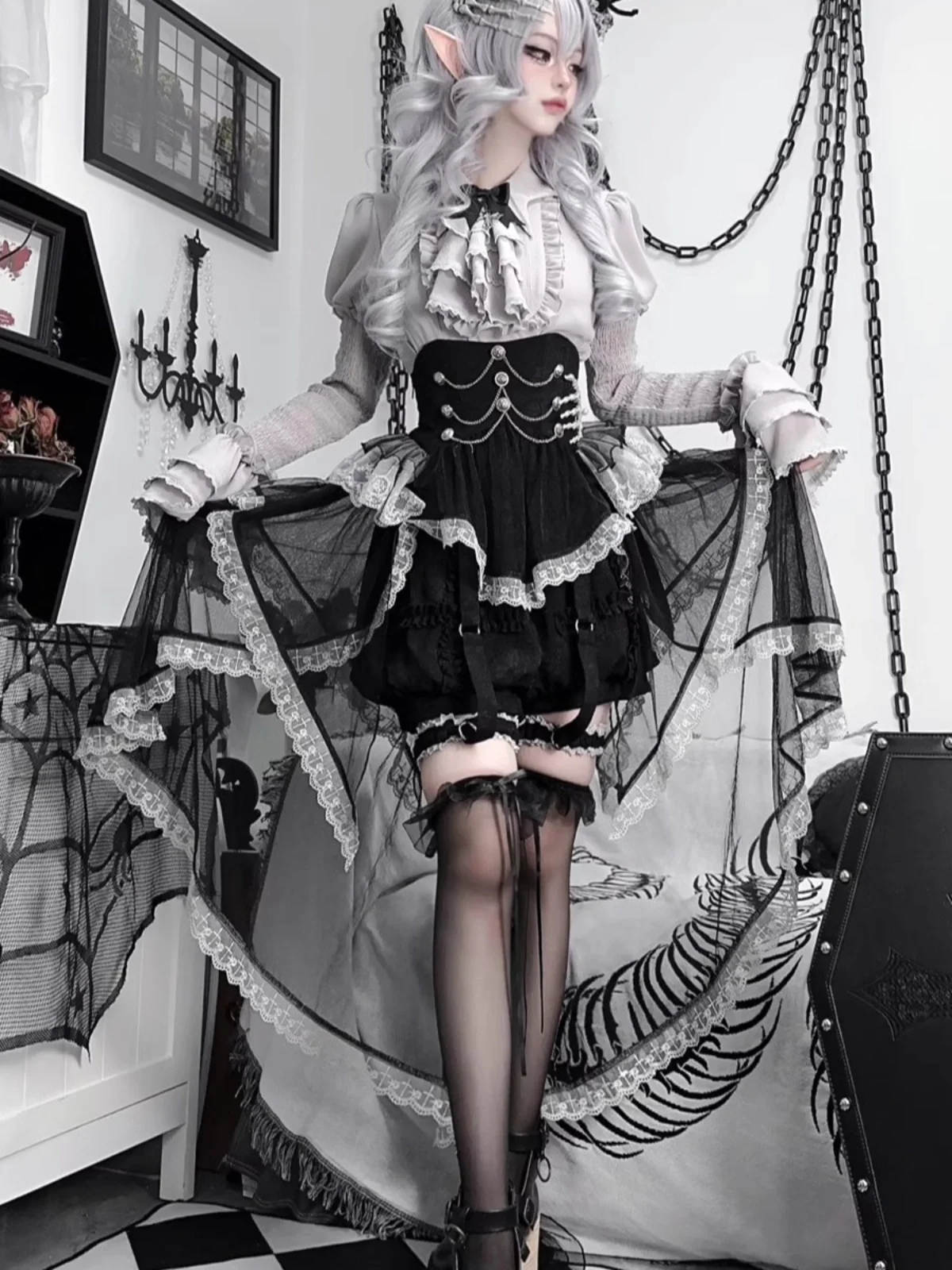 Vestido de estilo gótico de cuento de hadas gris, falda de cintura Lolita oscura, conjunto de camisa y pantalones cortos de estilo Lolita Palace