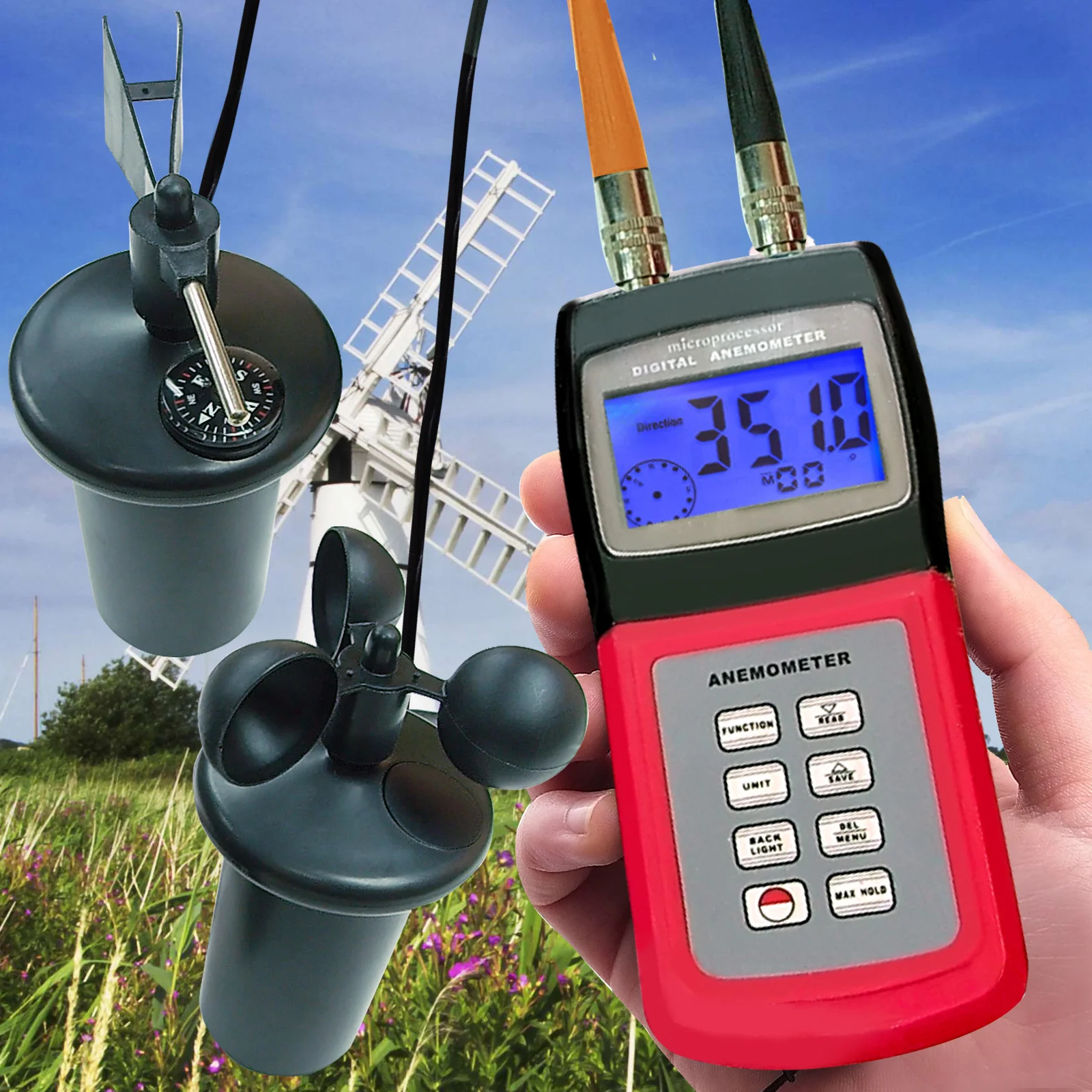 Digital Multi-function Thermo Anemometer with 3-Cup Type Sensor Portable Wind Speed Air Flow Gauge Weather Wind