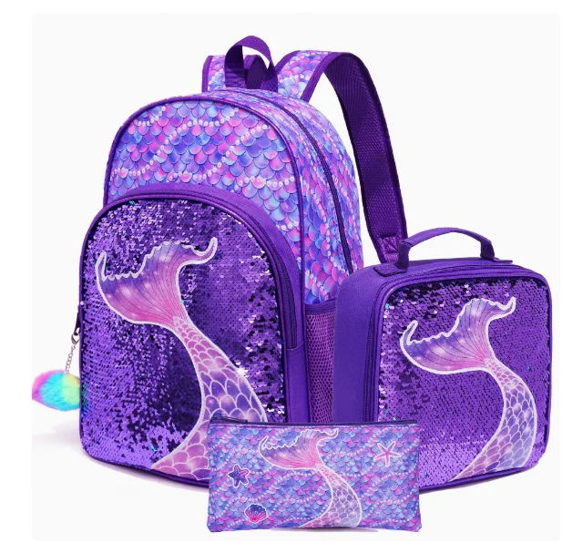 Mermaid Unicorn Sequined Three-Piece Backpack Set  Elementary School Backpack Double Shoulder Bag School bag for girls 3 pcs/set
