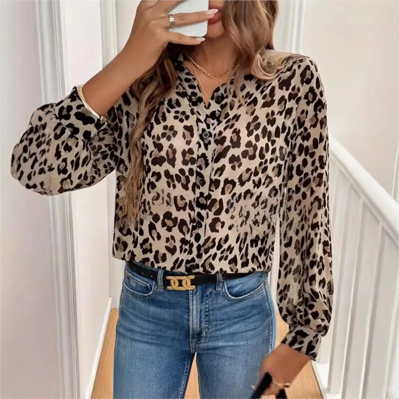 

Fashion Leopard Print Shirts & Blouses Women New Long Sleeve Lapel Tops Temperament Elegant Office Ladies Shirt Streetwear